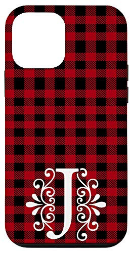iPhone 12 mini Red and Black Buffalo Plaid Monogram Letter J Initial Gift Case