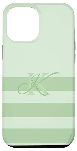 iPhone 12 Pro Max Pastel Mint Green Stripes Letter K Initial Monogram Case