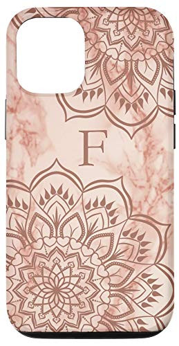 iPhone 12 12 Pro Letter F Initial Monogram Mandala_Marble Print Rose_Gold Case