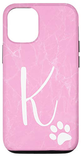 iPhone 12 12 Pro Pink Paw Print Phone Case with Letter K_Initial Monogrammed Case