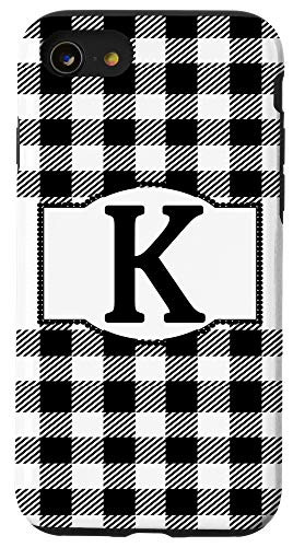 iPhone SE _2020_   7   8 Black and White Buffalo Plaid Monogram Letter K Initial Gift Case