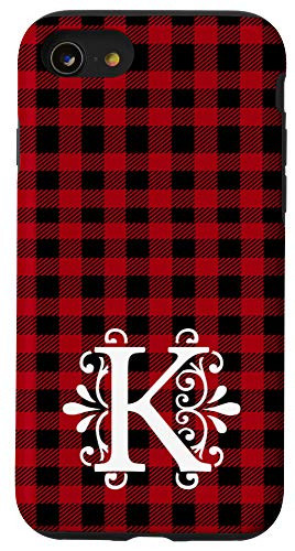 iPhone SE _2020_   7   8 Red and Black Buffalo Plaid Monogram Letter K Initial Gift Case