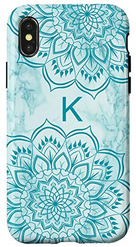 iPhone X XS Letter K Initial Monogram Mandala_Marble Print Teal Blue Case