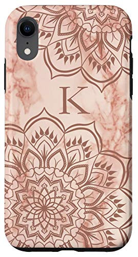 iPhone XR Letter K Initial Monogram Mandala_Marble Print Rose_Gold Case