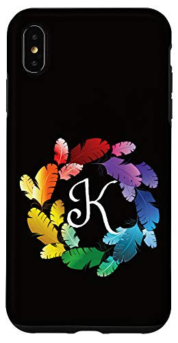 iPhone XS Max Initial K Monogram _ Rainbow Parrot Bird Feather Wreath Case