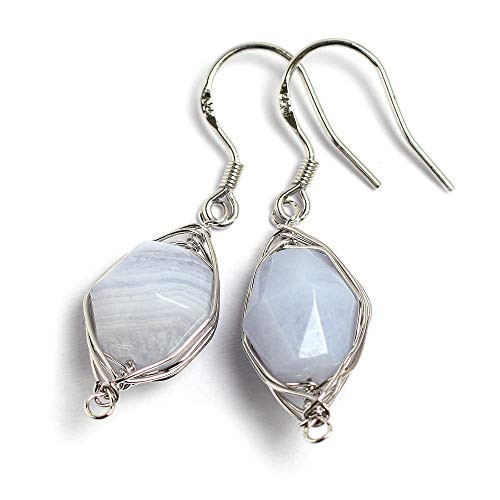 Natural Stone Wire Wrap Dangle Drop Earrings Platinum Plated 925 Sterling Silver Hook Blue Lace Agate Cut
