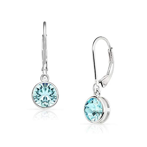 SolidSilver _ Sterling Silver 7mm Round Solitaire Dangle Leverback Earrings Made with Genuine Swarovski Crystal _ Aquamarine