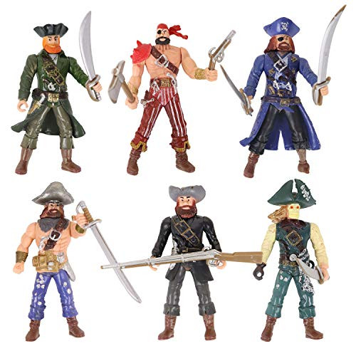 HAPTIME 6 Pcs Pirates Action Figure Playset with 6 Weapons   Sea Rover Pirate Men Toy _Each 3.75 inch Tall __ Great for Boys Kids Children as Birthday_Christmas Day_ Carnival Fun Gift