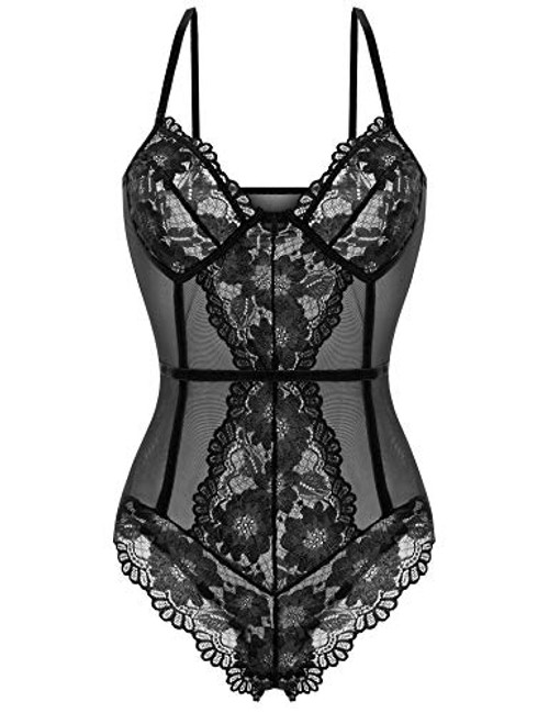 Women Lingerie Snap Crotch One Piece Lace Teddy Bodysuit Babydoll Chemise Sleepwear Black L