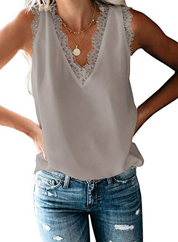 LOSRLY Womens Lightweight Lace V Neck Sleeveles Basic Tank Tops Summer Tunic Blouses Shirts L Gray
