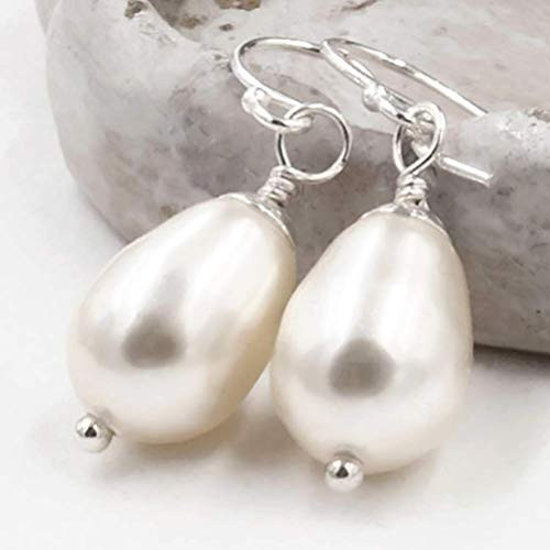 Teardrop Earrings made with Cream Simulated Pearls from Swarovski_ Sterling Silver Teardrop Earrings made with Cream Simulated Pearls from Swarovski_ Sterling Silver
