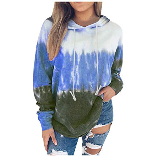 F_topbu Women's Hoodie Long Sleeve Color Block Tie Dye Printed Sweatshirt Gradient Pullover Tops Casual Loose Blouse Blue