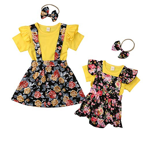 Toddler Kids Baby Girl Outfits Little Big Sister Matching Romper T_Shirt Tops Plaid Skirt Headband Set _6_9 Months_ Yellow_Little Sister_