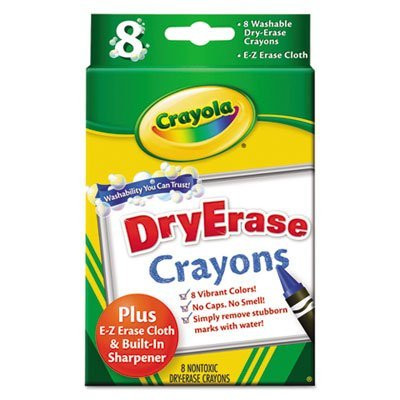 Washable Dry Erase Crayons w E_Z Erase Cloth_ Assorted Colors_ 8 Pack_ Sold as 8 Each