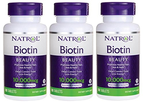 Natrol Biotin, Maximum Strength, 10,000 mcg Tablets 100 ea (Pack of 3)