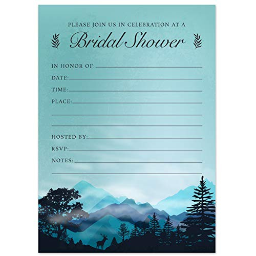 Blue Forest Mountain Range Bridal Shower Invitation_ 10 Fill_in 5x7 inch Invites and Envelopes