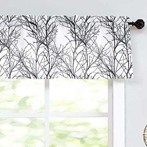 Fmfunctex Window Valance Curtains Black Tree Branch Print on Semi_Sheer White Short Valance for Kitchen 50 W x 15 inch  L_ 1 Panel