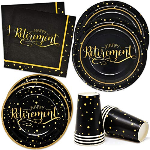 Happy Retirement Party Supplies Tableware 24 9 inch Dinner Plates 24 7 inch Dessert Plates 24 9 Oz. Cups 50 Lunch Napkins Black and Gold Paper Goods Milestone Celebration Disposable Dinnerware Decorations Happy Retirement Party Supplies Tableware 24 9 inch Dinner Plates 24 7 inch Dessert Plates 24 9 Oz. Cups 50 Lunch Napkins Black and Gold Paper Goods Milestone Celebration Disposable Dinnerware Decorations