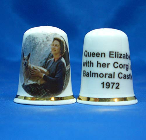 Birchcroft Porcelain China Thimble _ H M Queen and Corgi Box