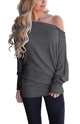 EZBELLE Womens Sweaters Off Shoulder Long Sleeve Loose Pullover Sweater Knit Jumper Baggy Oversized Tunic Tops Deep Grey Small