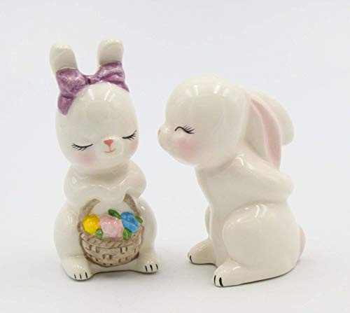 Fine Ceramic Kissing Bunny Rabbit Couple Salt  and  Pepper Shakers Set_ 3_7 8 inch  H