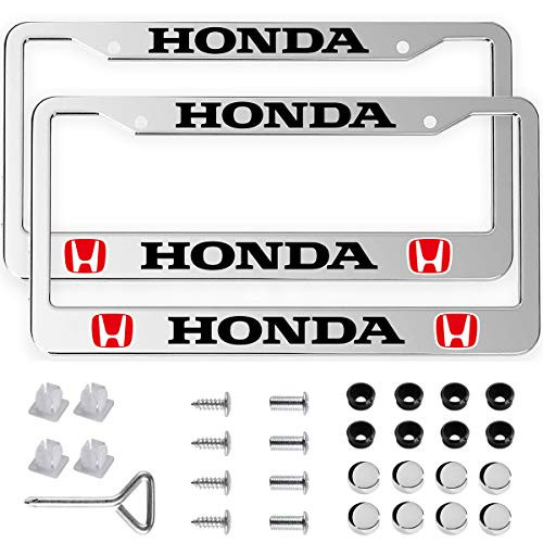2pcs License Plate Frames for Honda _ 2 Holes Premium Silver Aluminum Alloy Metal Honda Logo License Plate Cover Holder Compatible All Vehicle License Plate Tag Cover