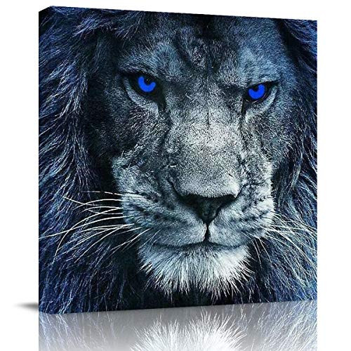 T and H XHome Wall Art Oil Paintings on Canvas Print Indignant Blue Eyes Lion Office Artwork Home Decoration Living Room Bedroom Bathroom Giclee Walls Decor_Wooden Framed Ready to Hang 12x12in