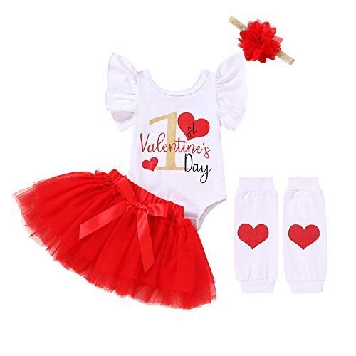 Newborn Baby Girls Skirt Outfits My First Valentine's Day Print Ruffle Romper Plus Tutu Dress Plus Leg Warmers Plus Headband 4Pcs Clothes Set _White_First Valentine's Day_ 3_6 Months_