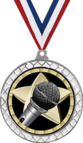 Microphone White Trellis Medal Silver_ 2.5 inch  Microphone Soloist Prizes_ Kids Microphone Trophy Medal Awards 1 Pack Prime