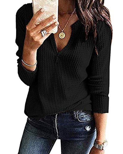 StyleDome Waffle Knit Shirts for Women V Neck Long Sleeve Henley Tee Loose Casual Tunic Tops 01 Black L StyleDome Waffle Knit Shirts for Women V Neck Long Sleeve Henley Tee Loose Casual Tunic Tops 01 Black L