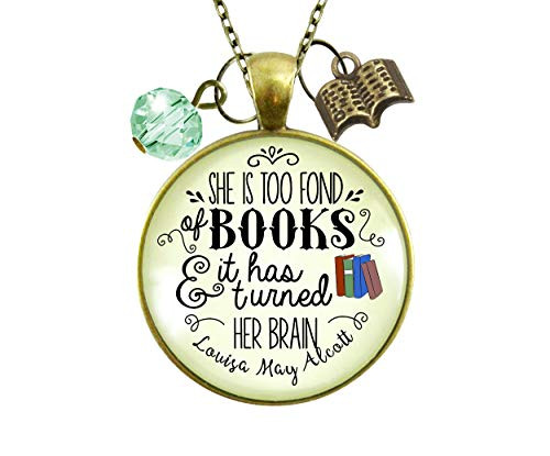 Gutsy Goodness 24 inch  Book Necklace She Is Too Fond Literary Quote Louisa May Alcott Pendant Jewelry Green Charm