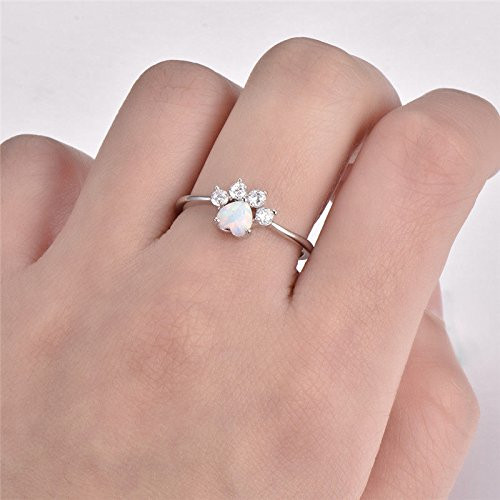Jindamanee Shop Heart Cut White Fire Opal Ring White Gold Cute Dog Paw Footprint Ring Size 6_10 _7_