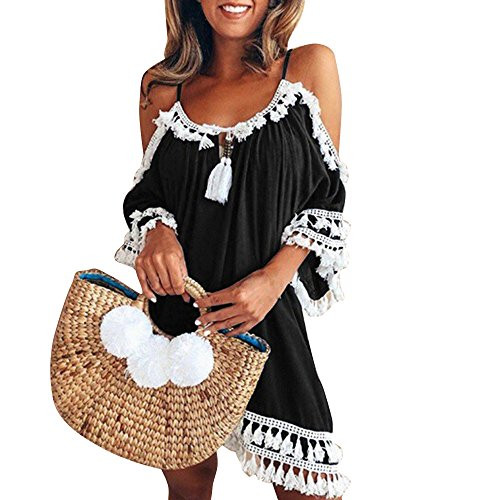 YJYdada_ Blouse Women Off Shoulder Dress Tassel Short Cocktail Party Beach Dresses Sundress _L_ Black_ YJYdada_ Blouse Women Off Shoulder Dress Tassel Short Cocktail Party Beach Dresses Sundress _L_ Black_