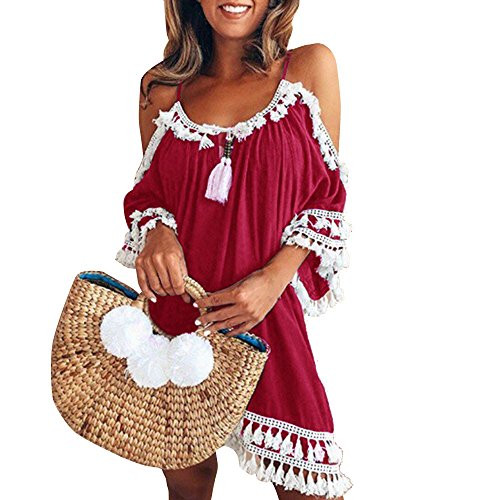 YJYdada_ Blouse Women Off Shoulder Dress Tassel Short Cocktail Party Beach Dresses Sundress _L_ Red_ YJYdada_ Blouse Women Off Shoulder Dress Tassel Short Cocktail Party Beach Dresses Sundress _L_ Red_