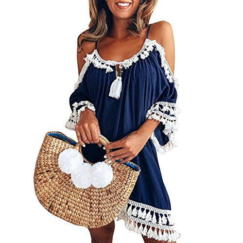 YJYdada_ Blouse Women Off Shoulder Dress Tassel Short Cocktail Party Beach Dresses Sundress _L_ Navy_ YJYdada_ Blouse Women Off Shoulder Dress Tassel Short Cocktail Party Beach Dresses Sundress _L_ Navy_