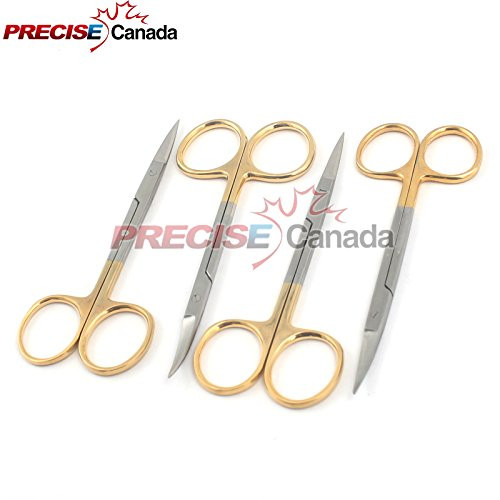 PRECISE CANADA  4 O.R Grade IRIS Ophthalmic Scissors Straight Plus Curved with Gold Handle New