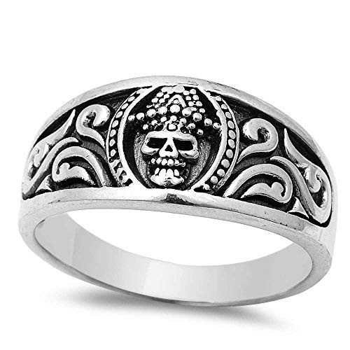 CloseoutWarehouse 925 Sterling Silver Skull Decorated Mens Ring Size 7