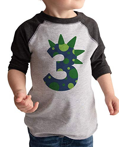 7 ate 9 Apparel Boy's Three Dinosaur 3rd Birthday Grey Raglan Tee 3T