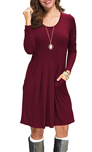 KORSIS Women's Long Sleeve Pleated Loose Swing Casual Dress with Pockets WineRed L