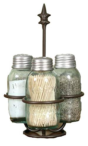 Colonial Tin Works Fleur de Lis Mason Jar Salt, Pepper and Toothpick Caddy,Brown