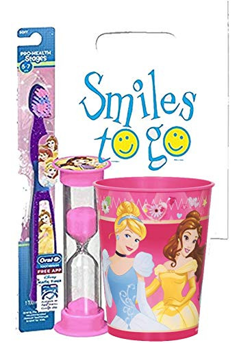 Disney Princess inch Beauty and The Beast inch  Belle Inspired 3pc Bright Smile Oral Hygiene Bundle! Toothbrush_ Brushing Timer  and  Mouthwash Rinse Cup! Plus Dental Gift  and  Remember to Brush Visual Aid!