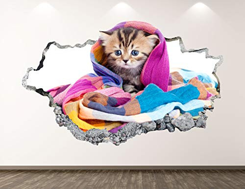 West Mountain Small Cat Wall Decal Art Decor 3D Smashed Animal Mural Kids Room Custom Gift BL65 _22 inch  W x 14 inch  h_