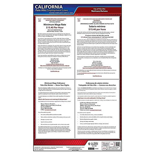California Palo Alto Minimum Wage Poster _ 11.75 inch  x 20 inch  English  and  Spanish Laminated Labor Law Poster for Workplace Compliance _ J. J. Keller  and  Associates