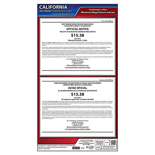 California San Mateo Minimum Wage Poster _ 9.25 inch  x 17.25 inch  English  and  Spanish Laminated Labor Law Poster for Workplace Compliance _ J. J. Keller  and  Associates