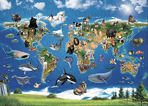 Kids World Map with Animals _ Self Adhesive Peel and Stick Wall Slap _ Art from Animal Club International by P.D. MORENO