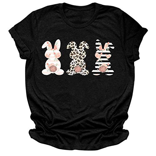 MITIY Women Tee Tops Easter Bunny Printing Short Sleeve O_Neck Tee T_Shirt Tunic Blouse Tops Black