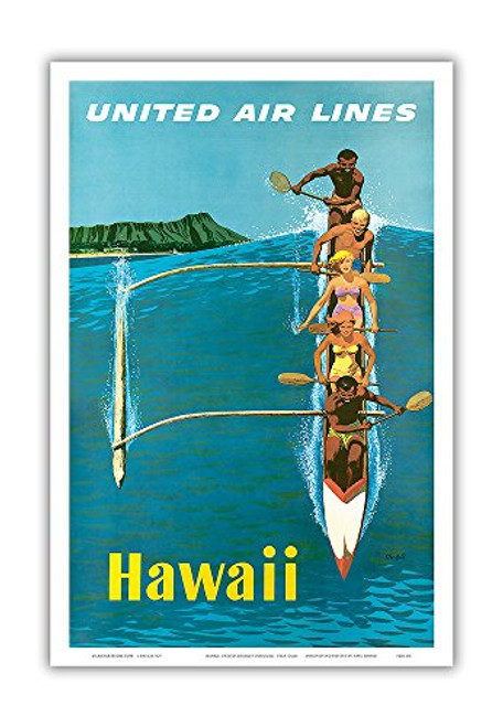 Pacifica Island Art _ Hawaii _ United Air Lines _ Outrigger Canoe Surfing _ Vintage Airline Travel Poster by Stan Galli c.1960 _ Master Art Print _ 12 x 18in