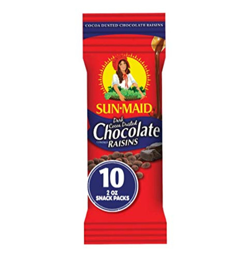 Sun_Maid Chocolate Covered Raisins Snacks_ Dark Cocoa Dusted Chocolate Raisins_ 2 oz Individual Single Serve Bags _Pack of 10_