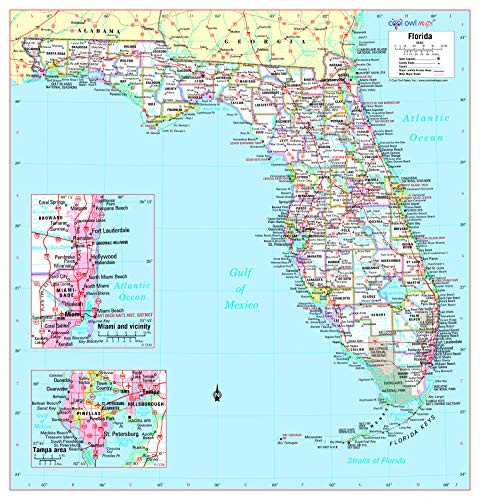 Cool Owl Maps Florida State Wall Map Poster Rolled _Laminated 24 inch Wx25 inch H_