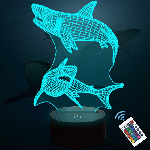 Lampeez Kids 3D Shark Night Light Optical Illusion Lamp with 16 Colors Remote Control Changing Birthday Gift Idea for Boys and Girls